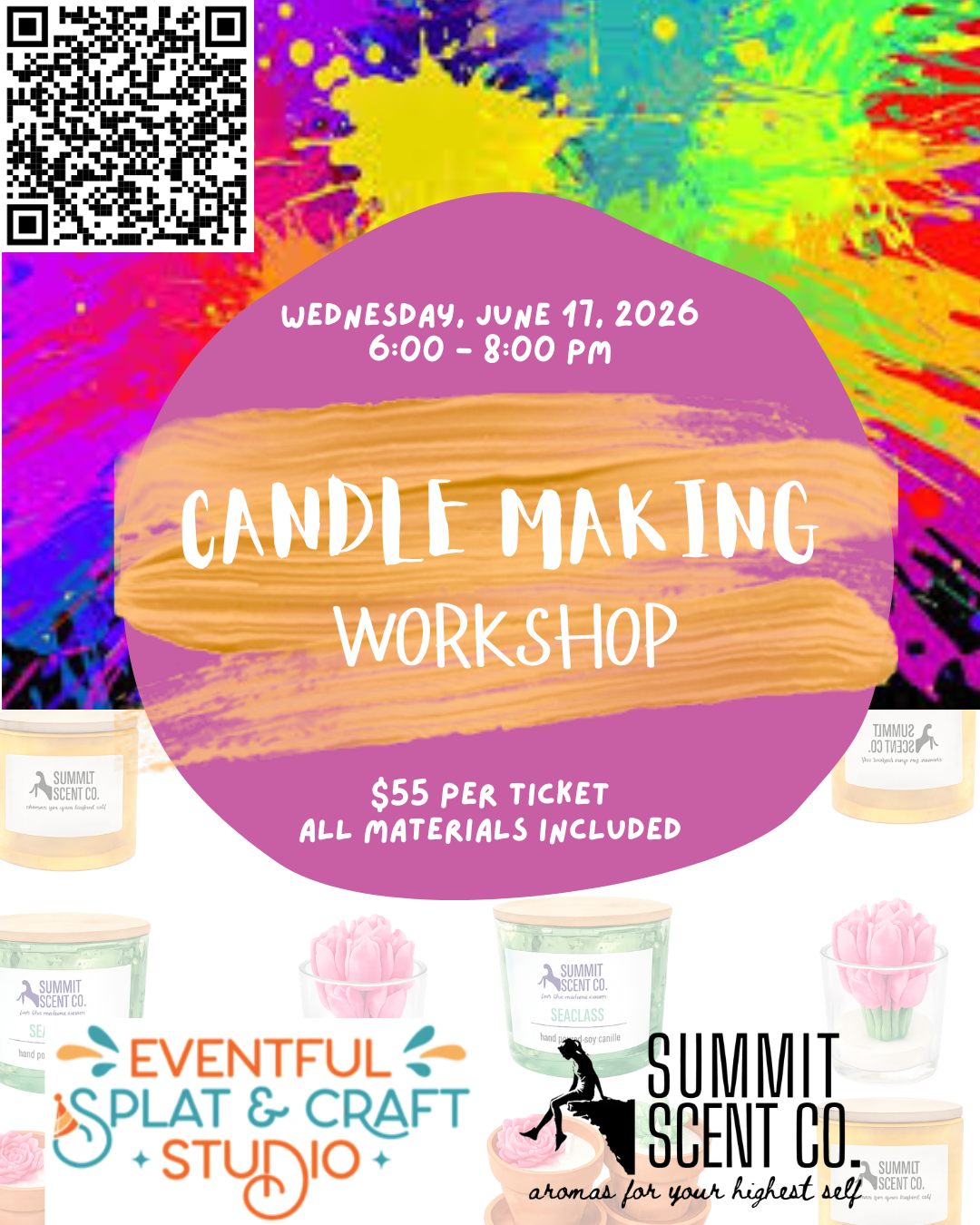Promotional flyer for a candle making workshop with colorful design elements.