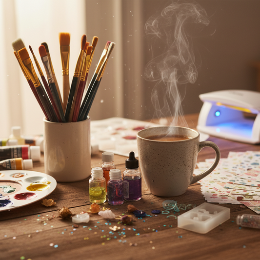 a cup of coffee on a table surrounded by crafting supplies like paint brushes, decoupage, and resin art