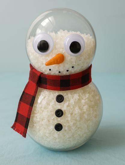 Snowman made from a glass ball with a red and black checkered scarf, black buttons, and an orange carrot nose on a light blue background.