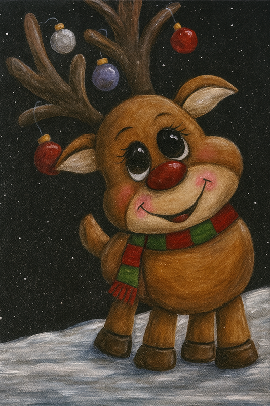 Cartoon reindeer with a scarf and ornaments against a starry night sky