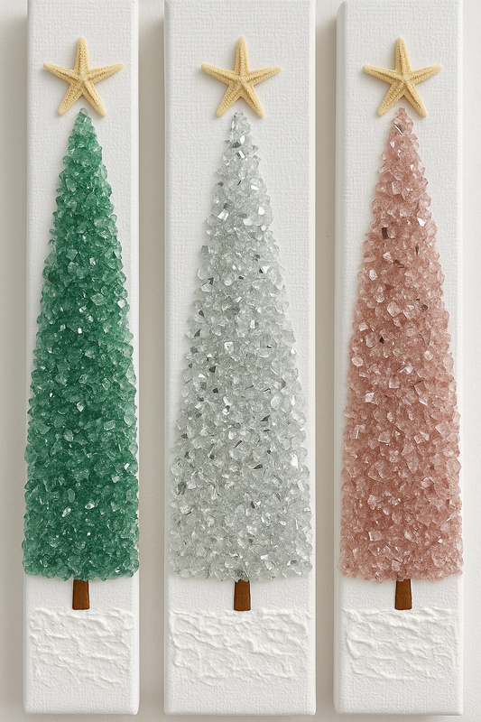 Three decorative Christmas trees with star tops on white panels.