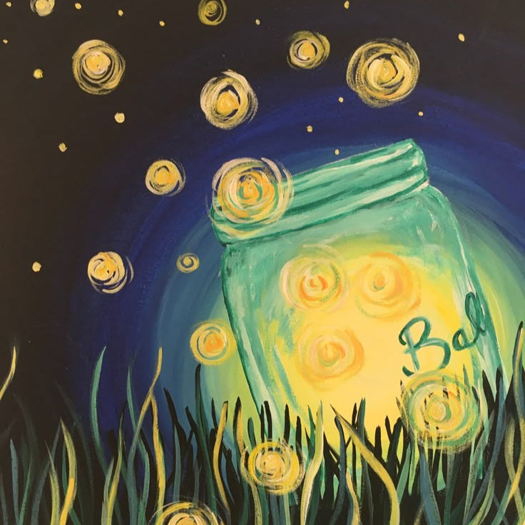 Painting of a glowing jar with flowers in a field under a starry night sky